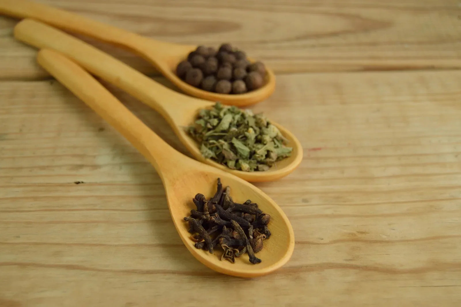 Dried herbs and spices arranged on a wooden table