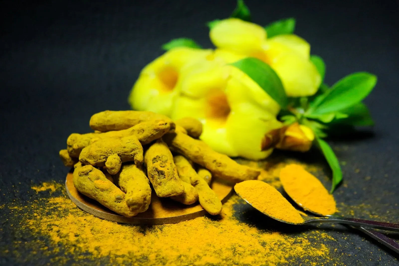 Small bowl of ground turmeric with a spoon
